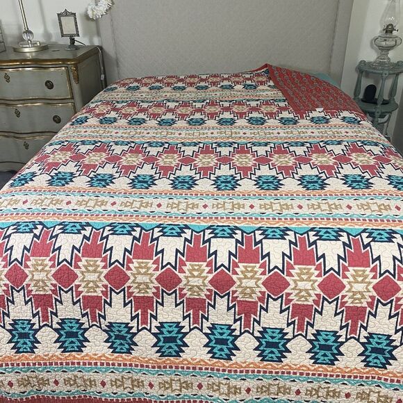 HIEnd Accent bedspread/quilt Southwestern Aztec Vtg Queen"Spirit Valley" - Picture 4 of 7